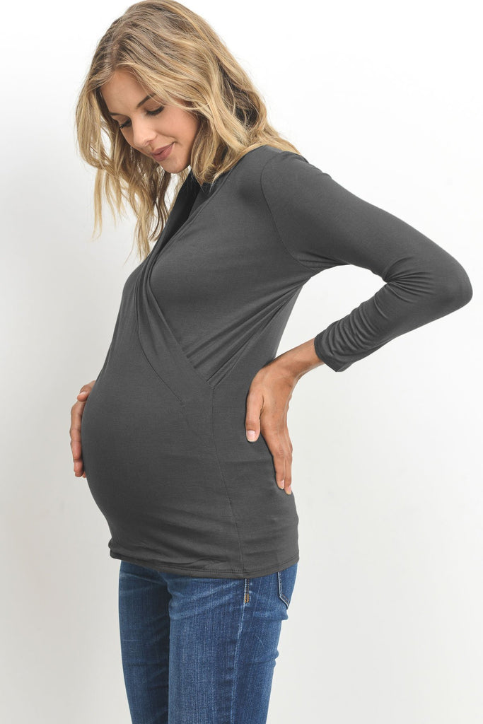 Dark Grey Surplice Long Sleeve Maternity & Nursing Top