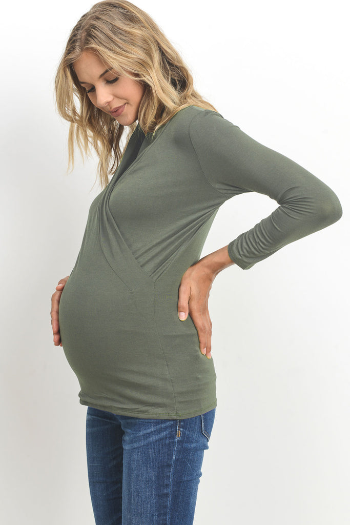 Olive Surplice Long Sleeve Maternity & Nursing Top