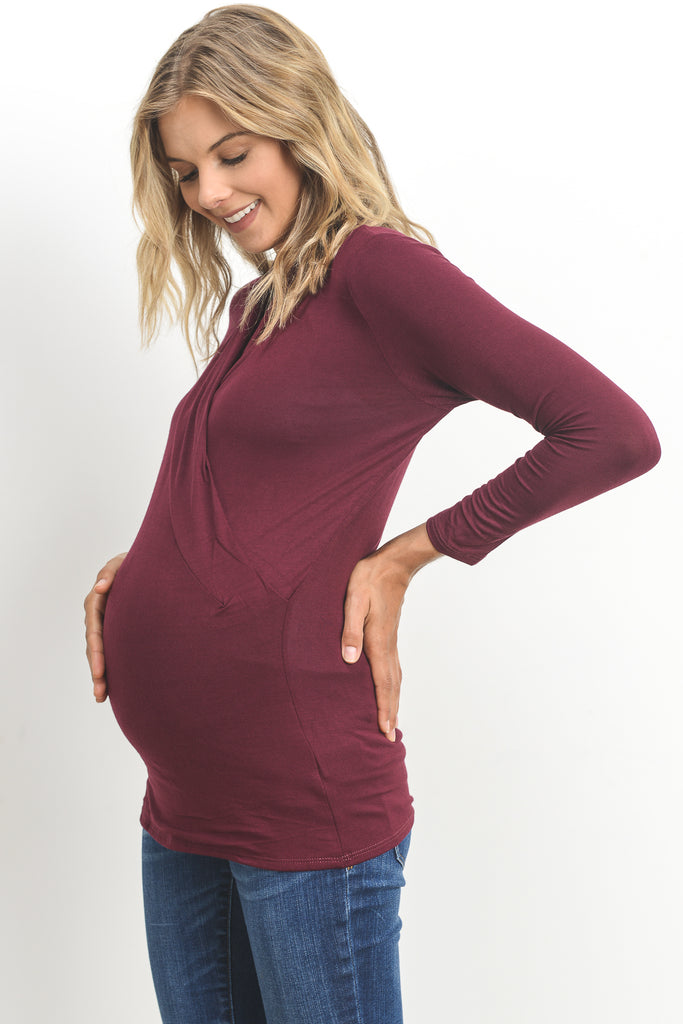 Burgundy Surplice Long Sleeve Maternity & Nursing Top