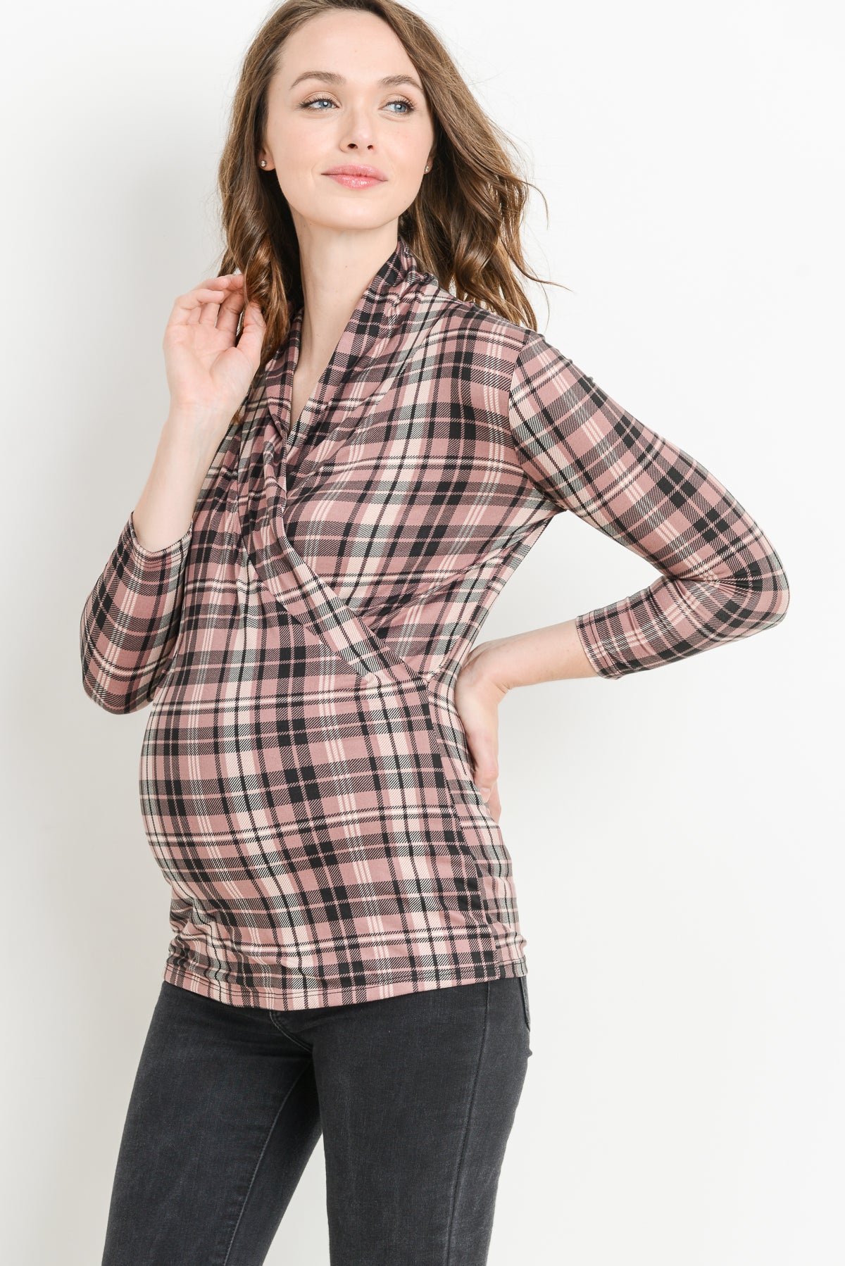 Mauve Plaid Surplice Long Sleeve Maternity & Nursing Top