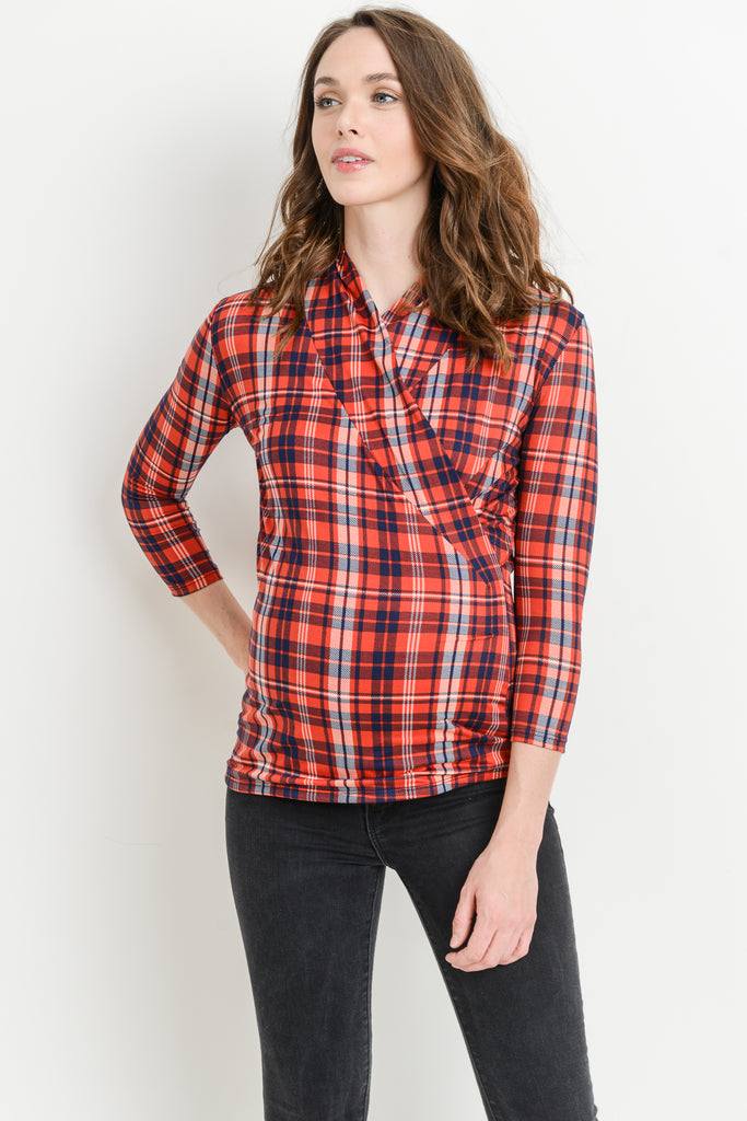 Red Plaid Surplice Long Sleeve Maternity & Nursing Top