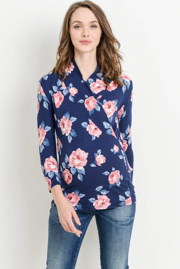 Navy Floral Surplice Long Sleeve Maternity & Nursing Top