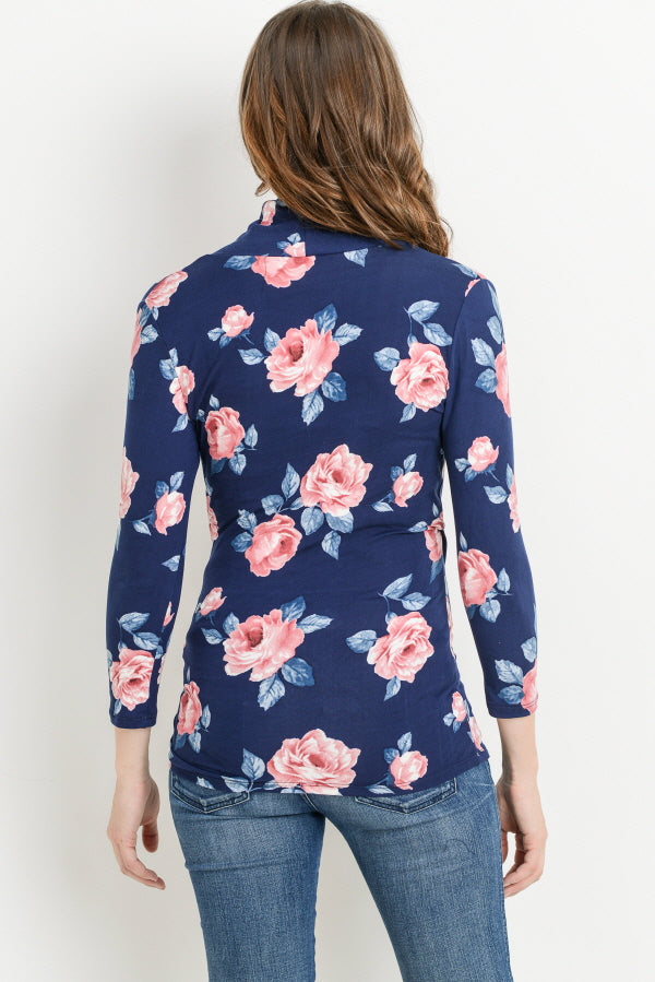 Navy Floral Surplice Long Sleeve Maternity & Nursing Top