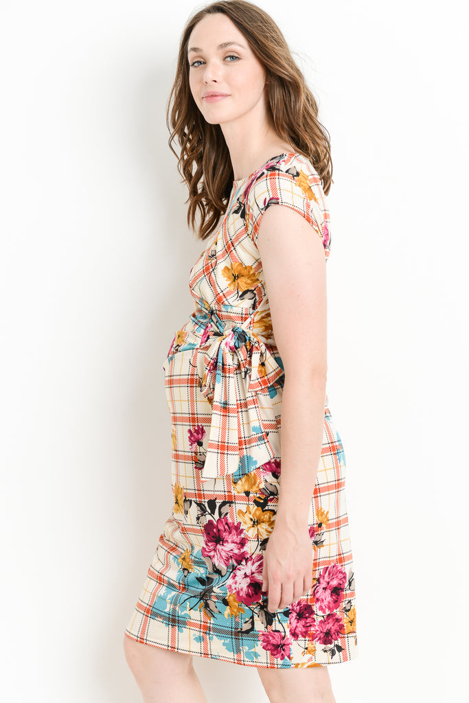 Rust Plaid Boat Neck with Ribbon Maternity Dress