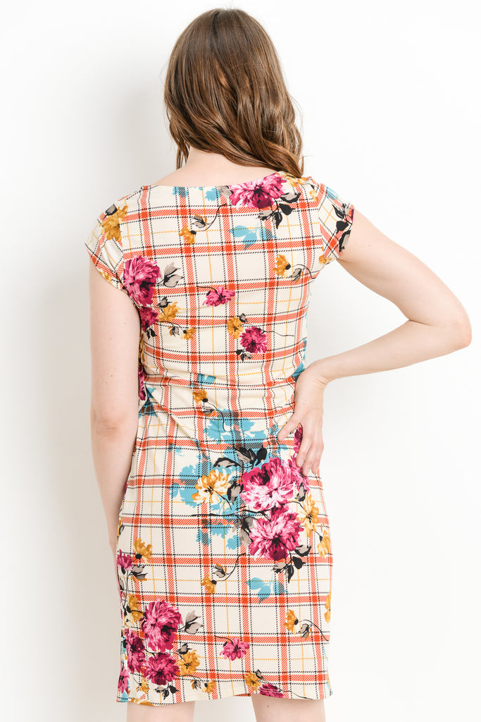 Rust Plaid Boat Neck with Ribbon Maternity Dress