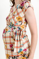 Rust Plaid Boat Neck with Ribbon Maternity Dress
