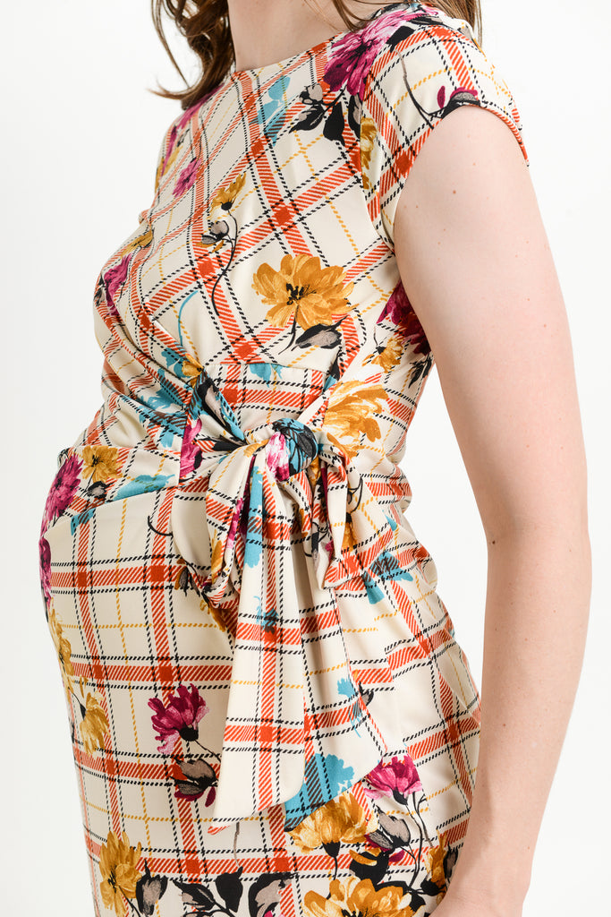 Rust Plaid Boat Neck with Ribbon Maternity Dress