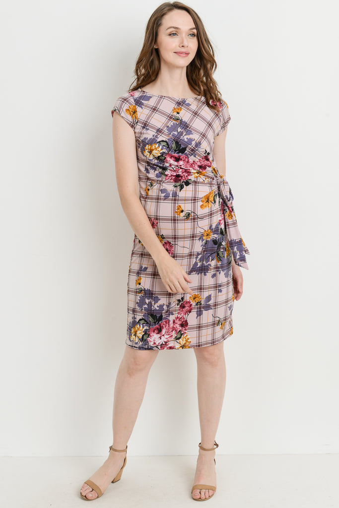 Mauve Plaid Boat Neck with Ribbon Maternity Dress