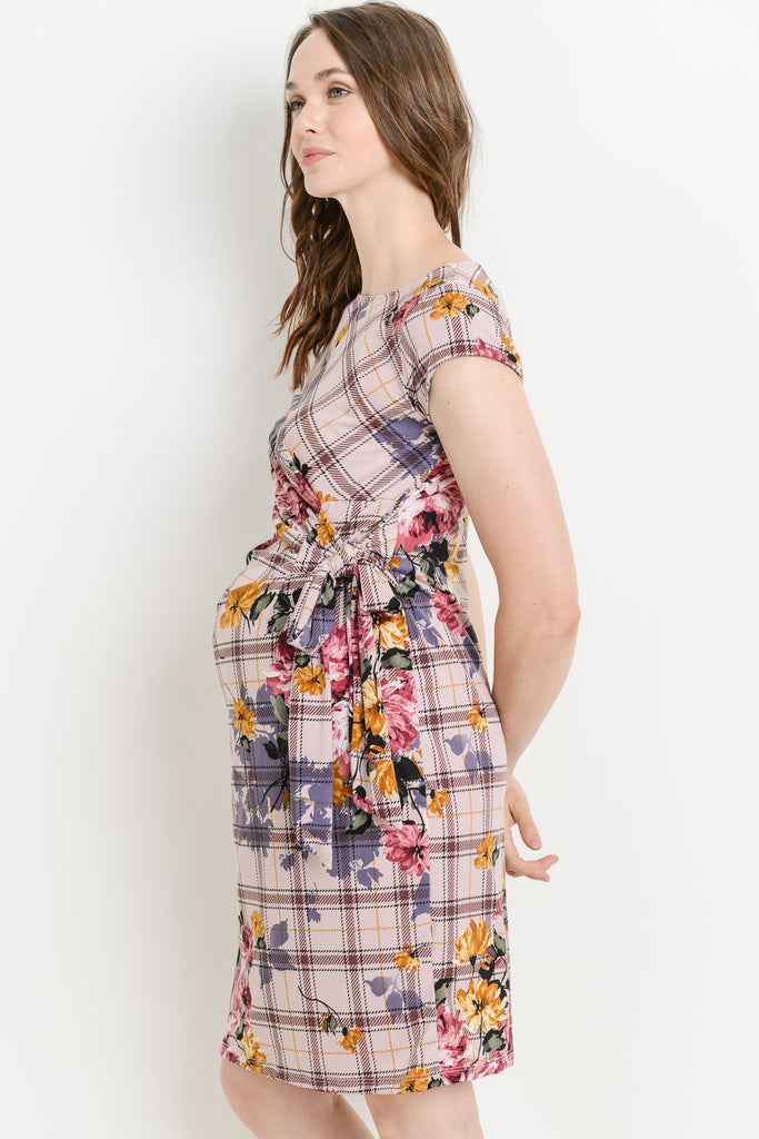Mauve Plaid Boat Neck with Ribbon Maternity Dress