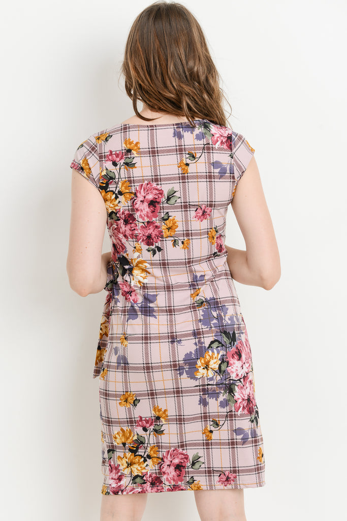 Mauve Plaid Boat Neck with Ribbon Maternity Dress