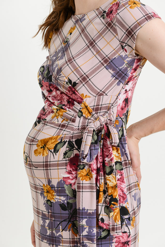 Mauve Plaid Boat Neck with Ribbon Maternity Dress