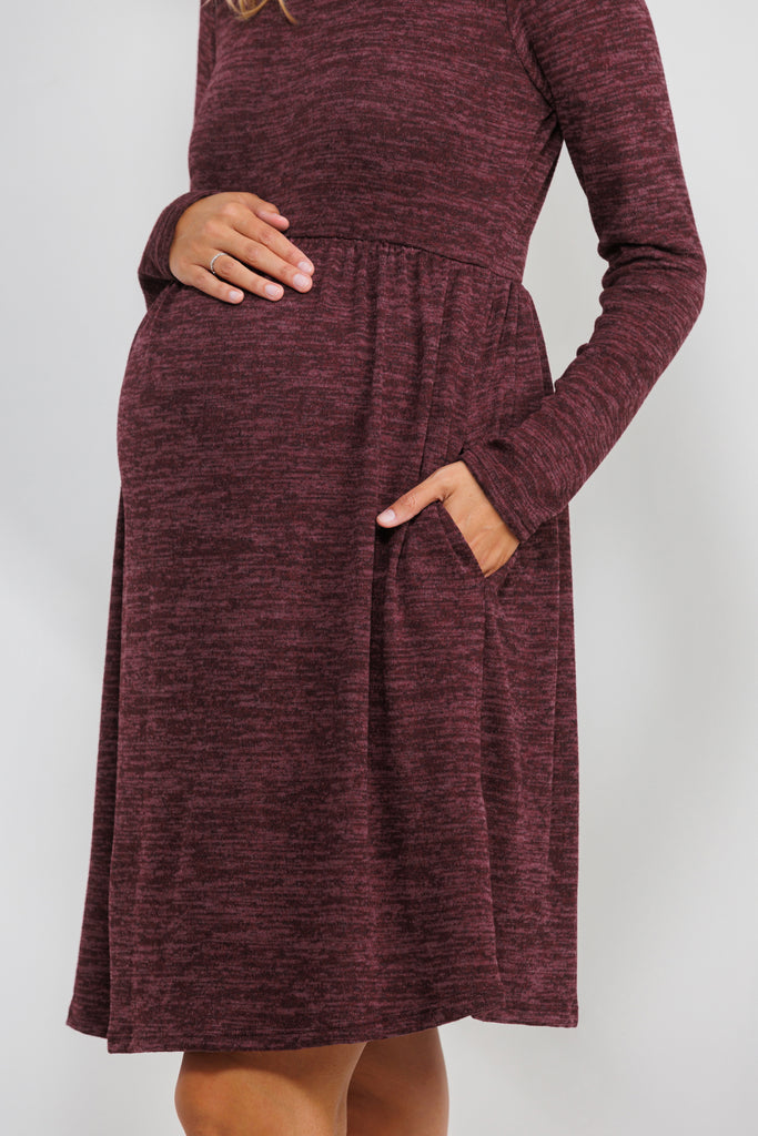 Burgundy Knit Long Sleeve Front Pleat Side Pocket Maternity Dress