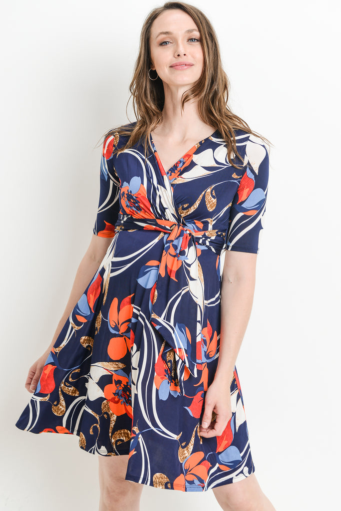 Navy Geo Flower Side Tie Maternity & Nursing Dress