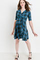 Teal Plaid Side Tie V-Neck Maternity Dress