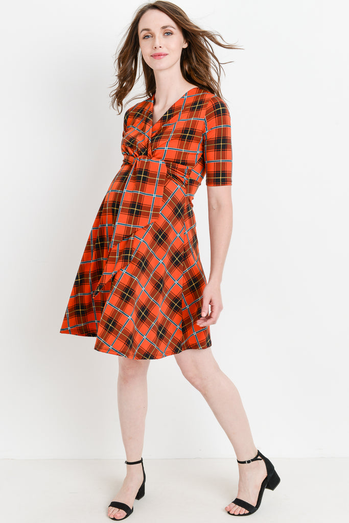 Rust Plaid Side Tie V-Neck Maternity Dress