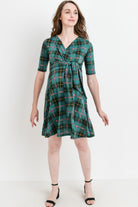 Green Plaid Side Tie V-Neck Maternity Dress