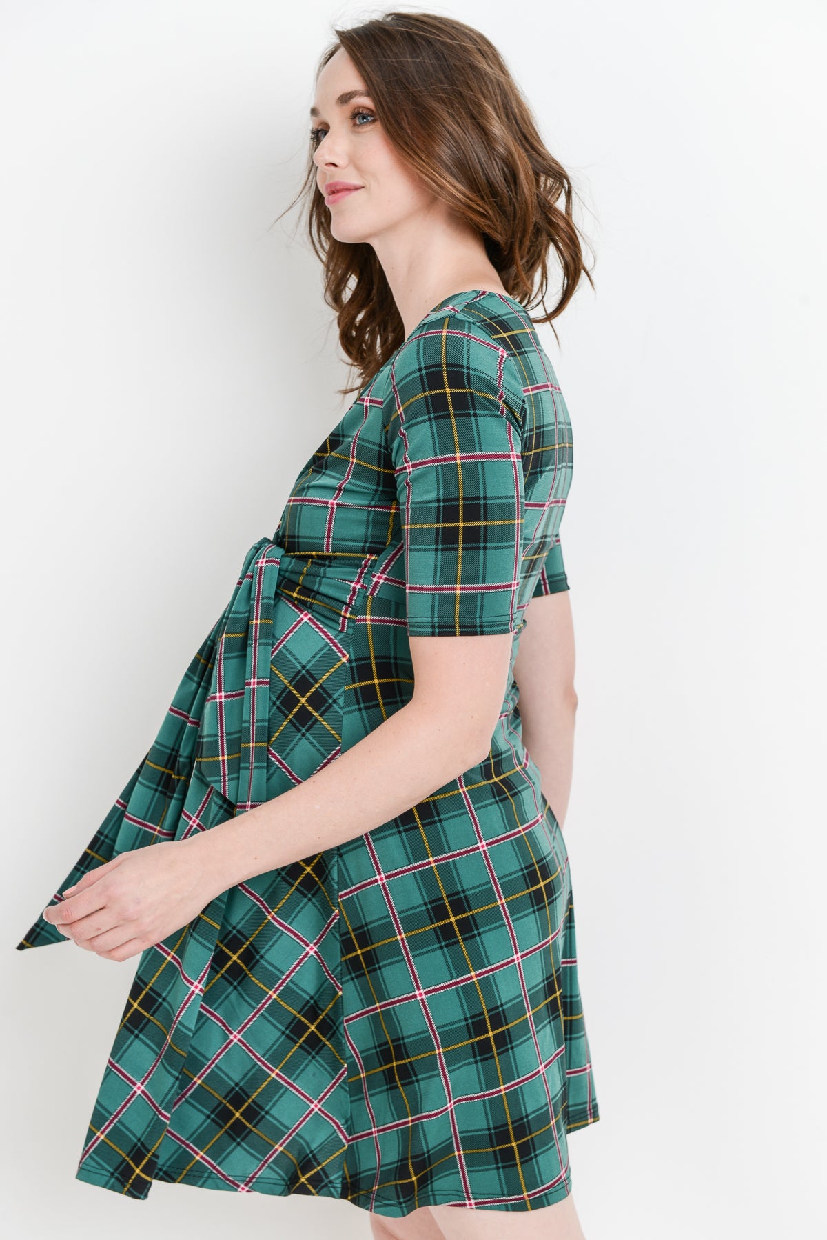 Green Plaid Side Tie V-Neck Maternity Dress