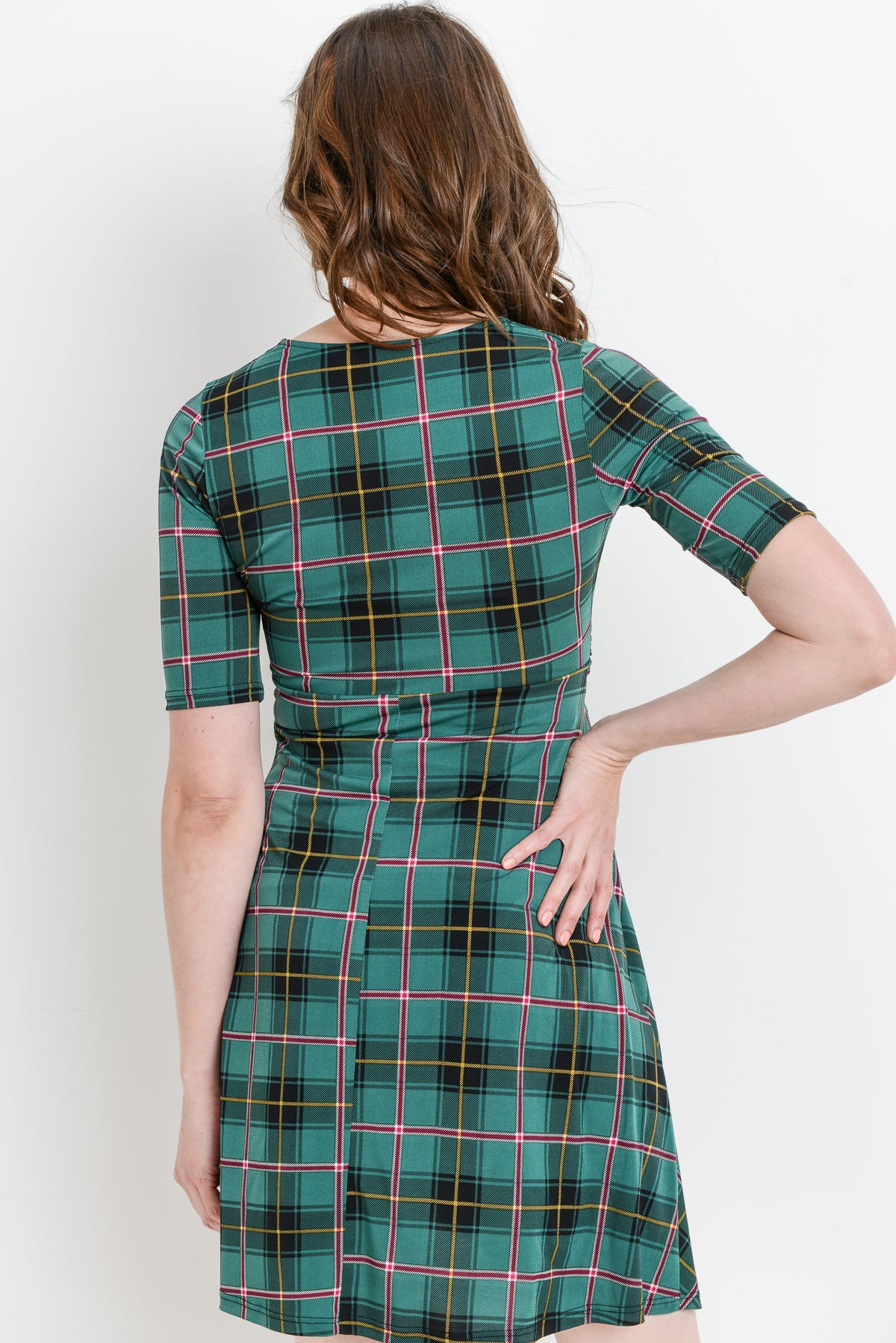 Green Plaid Side Tie V-Neck Maternity Dress