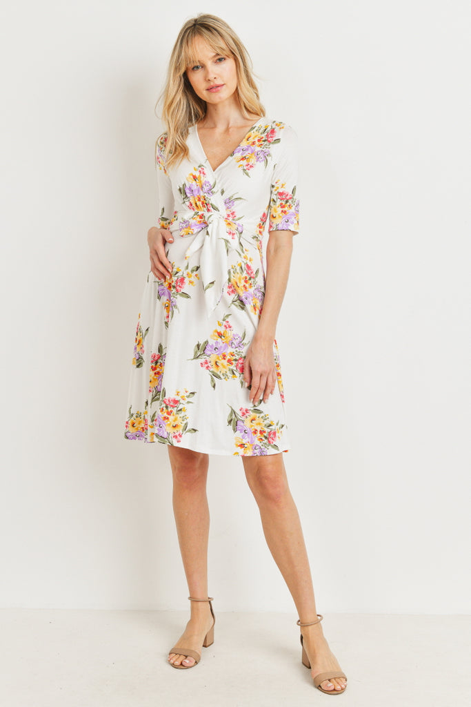 Ivory Floral V-neck With Side Tie Maternity Mini Dress