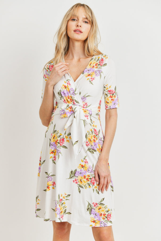 Ivory Floral V-neck With Side Tie Maternity Mini Dress