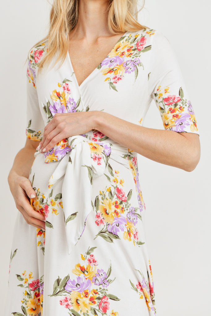 Ivory Floral V-neck With Side Tie Maternity Mini Dress