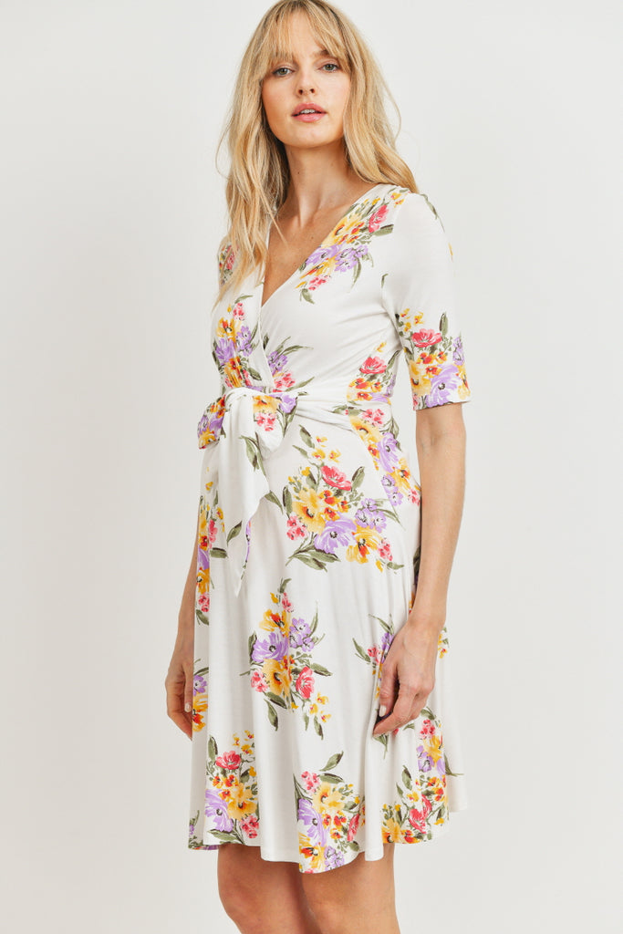 Ivory Floral V-neck With Side Tie Maternity Mini Dress
