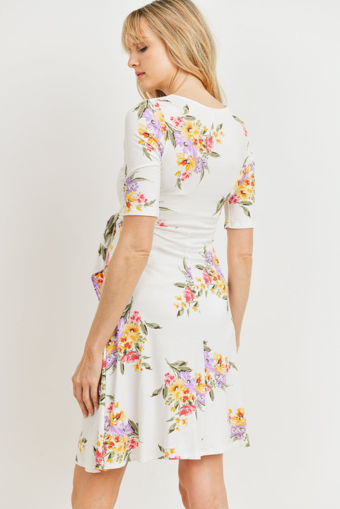 Ivory Floral V-neck With Side Tie Maternity Mini Dress