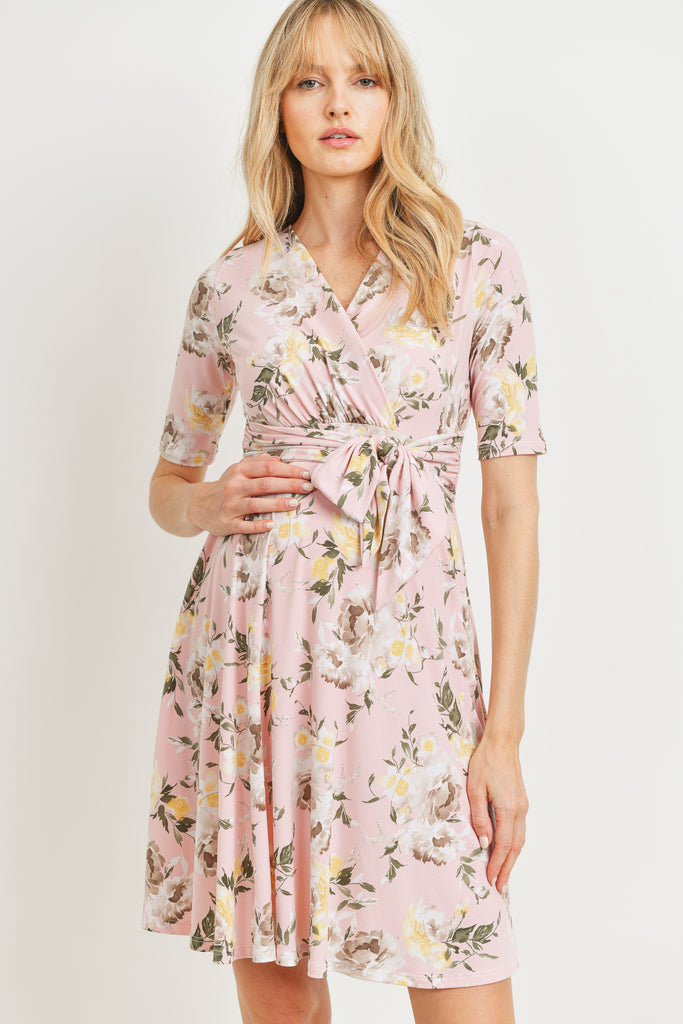Blush Floral side Tie V-Neck Maternity Dress