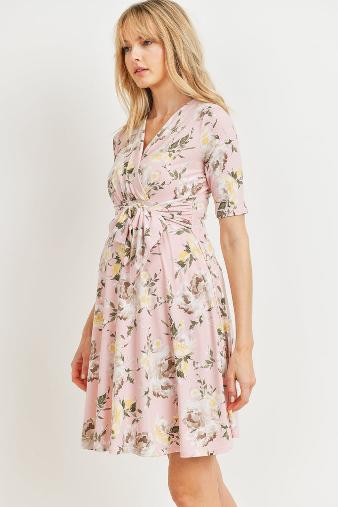 Blush Floral side Tie V-Neck Maternity Dress