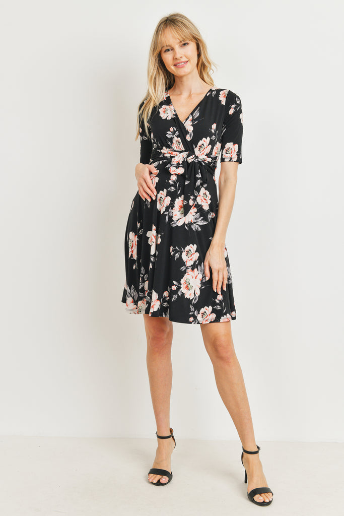 Black Floral side Tie V-Neck Maternity Dress