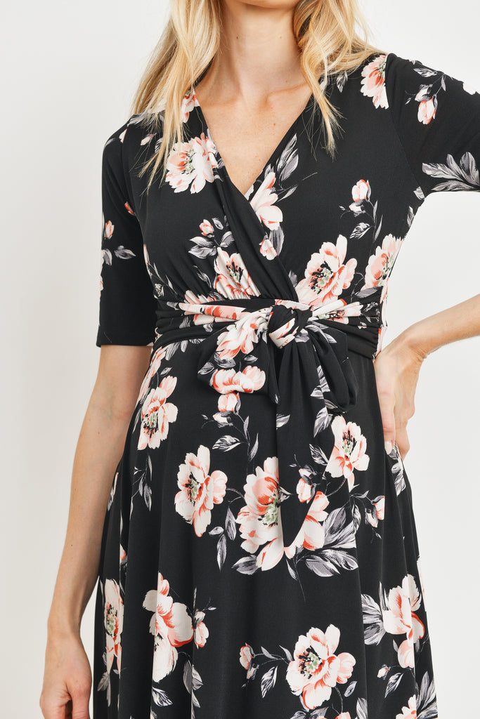 Black Floral side Tie V-Neck Maternity Dress