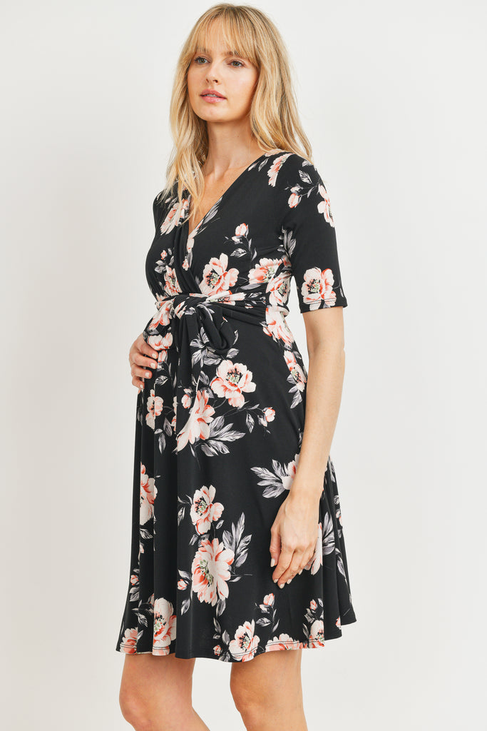 Black Floral side Tie V-Neck Maternity Dress