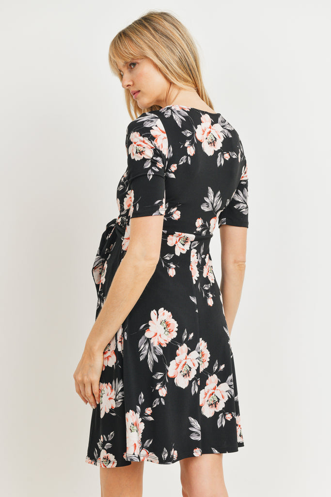 Black Floral side Tie V-Neck Maternity Dress