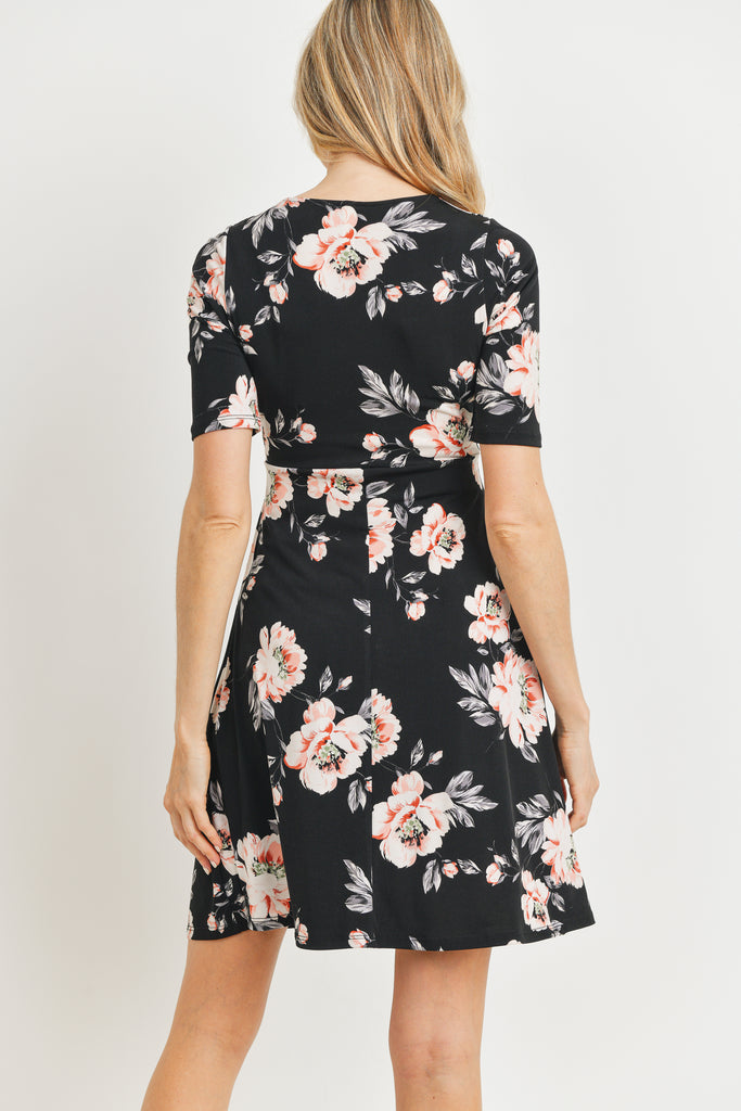 Black Floral side Tie V-Neck Maternity Dress