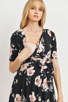Black Floral side Tie V-Neck Maternity Dress