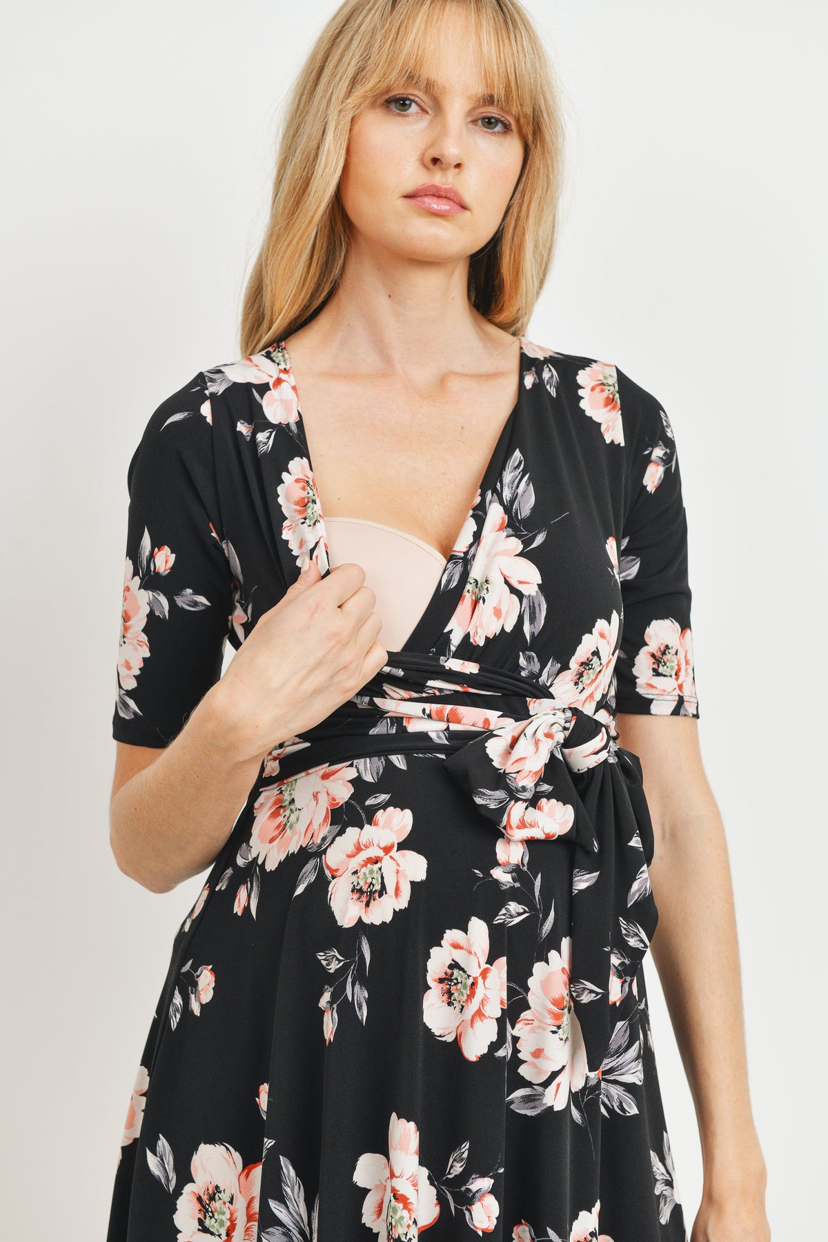 Black Floral side Tie V-Neck Maternity Dress