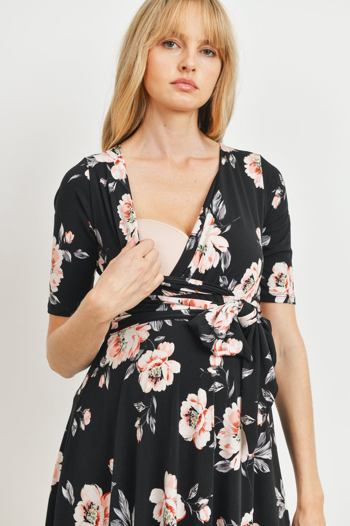 Black Floral side Tie V-Neck Maternity Dress