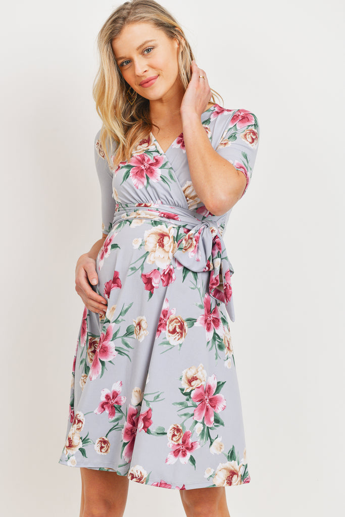 Grey Floral side Tie V-Neck Maternity Dress