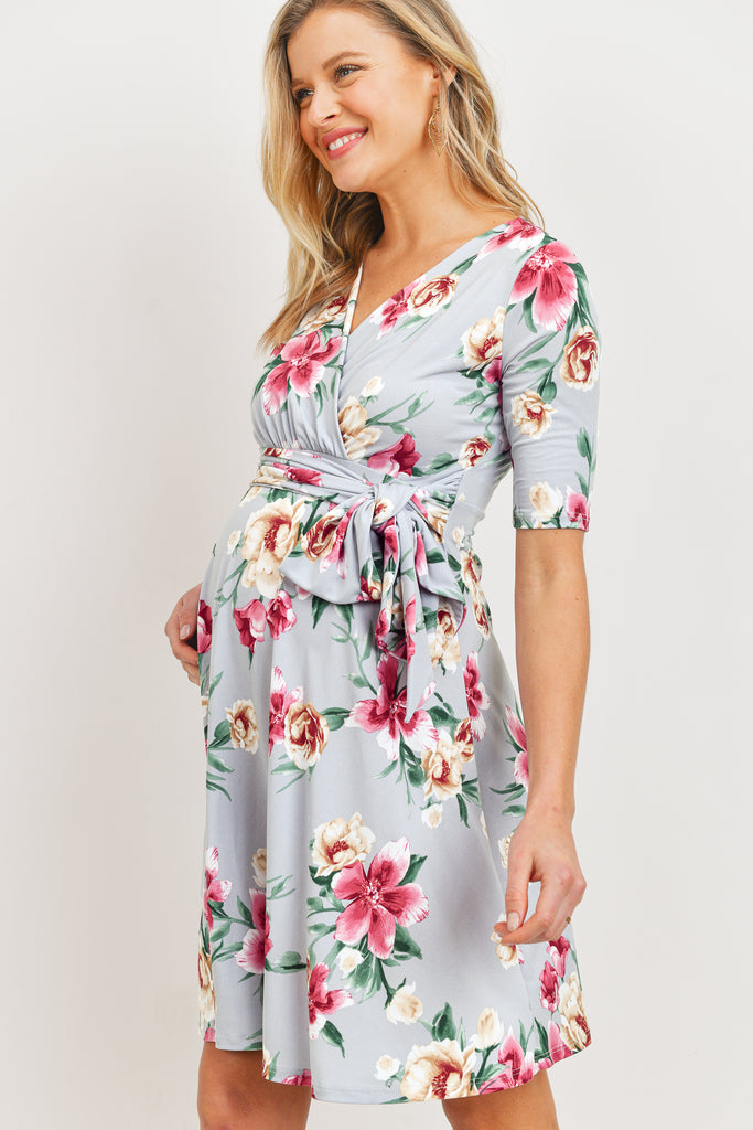 Grey Floral side Tie V-Neck Maternity Dress