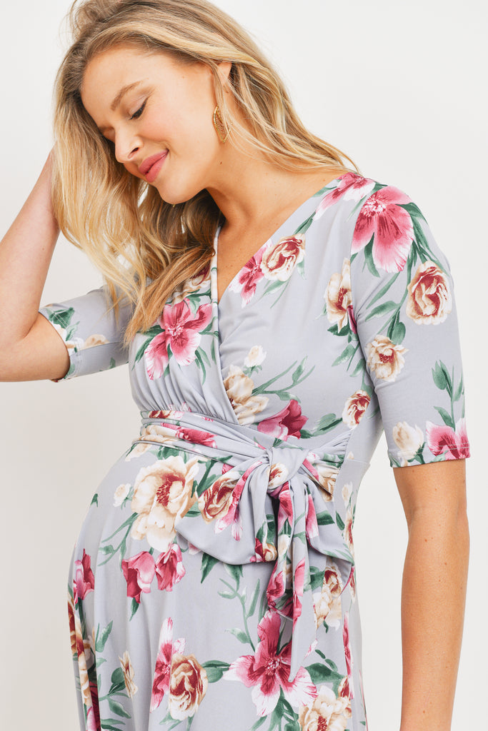 Grey Floral side Tie V-Neck Maternity Dress