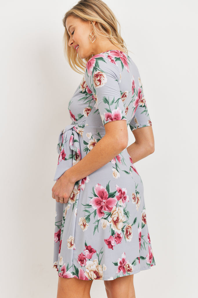 Grey Floral side Tie V-Neck Maternity Dress