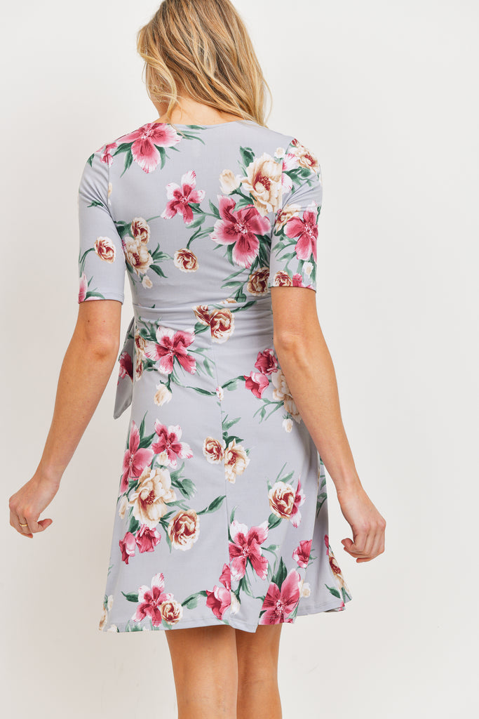 Grey Floral side Tie V-Neck Maternity Dress