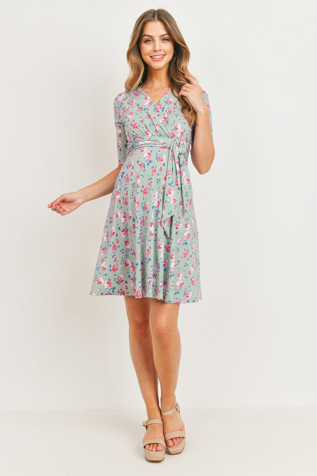 Mint Floral Waist Tie Wrap Maternity Dress  Full Body