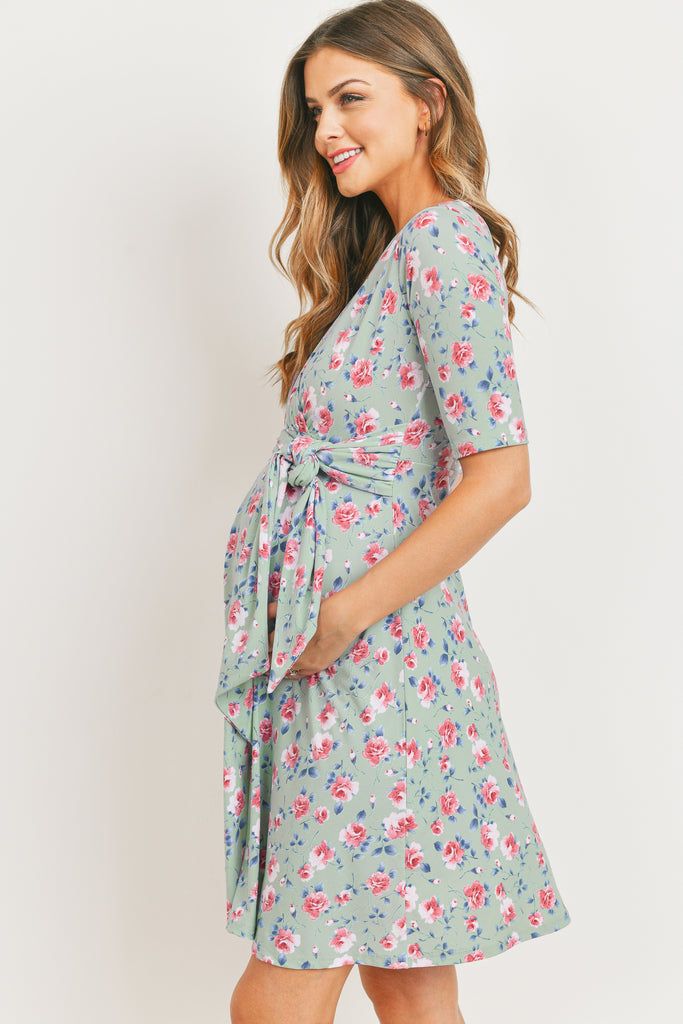 Mint Floral Waist Tie Wrap Maternity Dress  Side