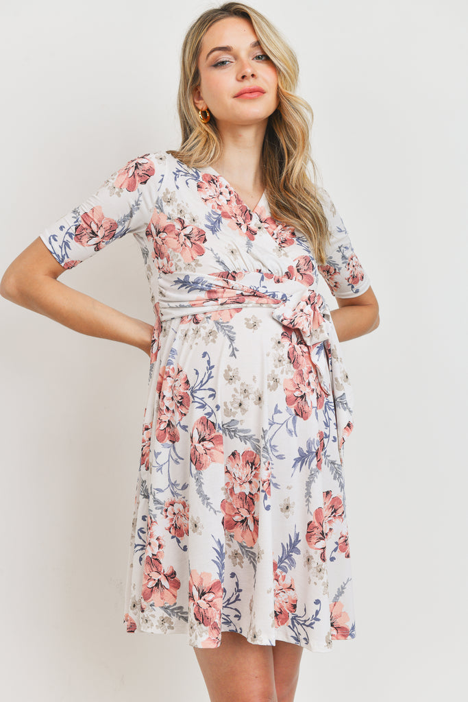 Ivory Floral Waist Tie Wrap Maternity Nursing Dress