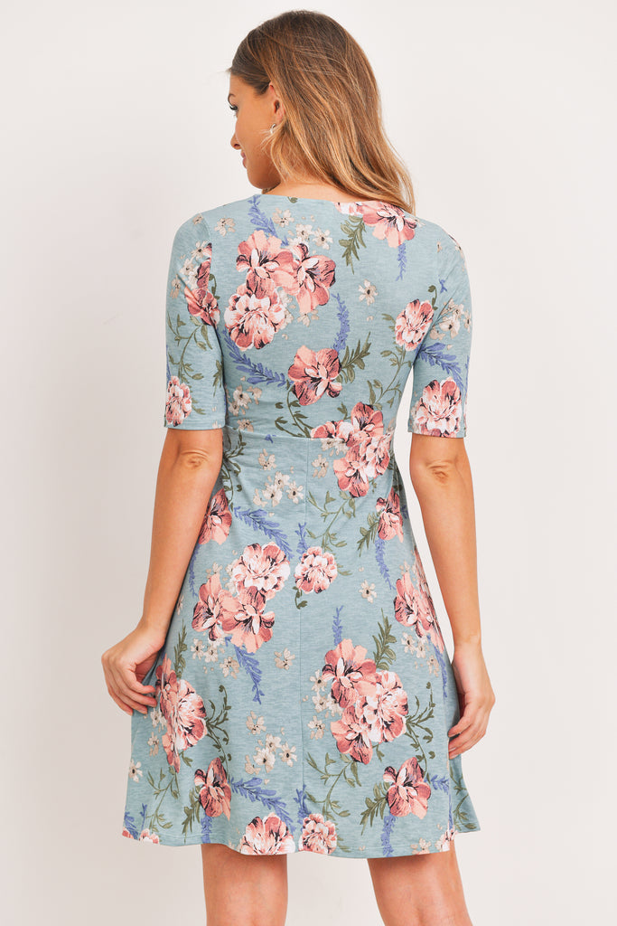 Sage Floral Waist Tie Wrap Maternity Nursing Dress