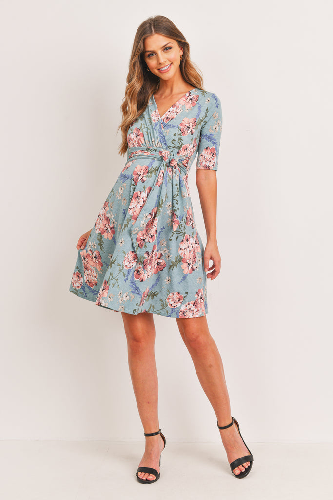 Sage Floral Waist Tie Wrap Maternity Nursing Dress