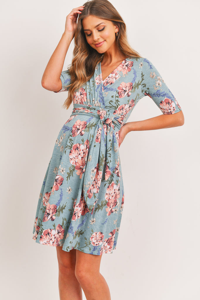 Sage Floral Waist Tie Wrap Maternity Nursing Dress