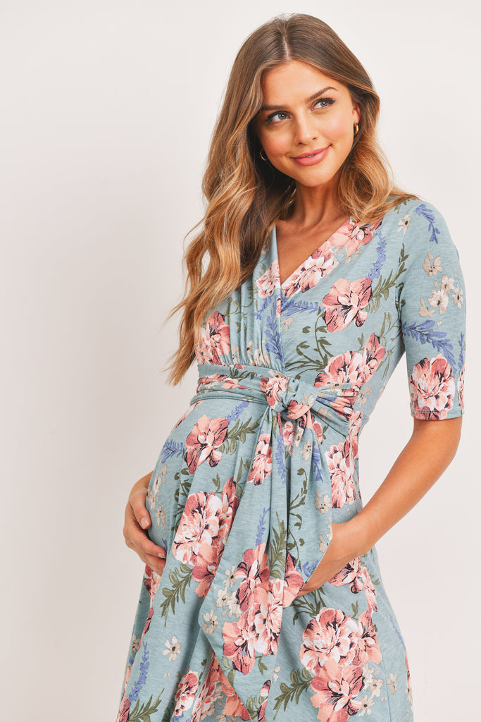 Sage Floral Waist Tie Wrap Maternity Nursing Dress