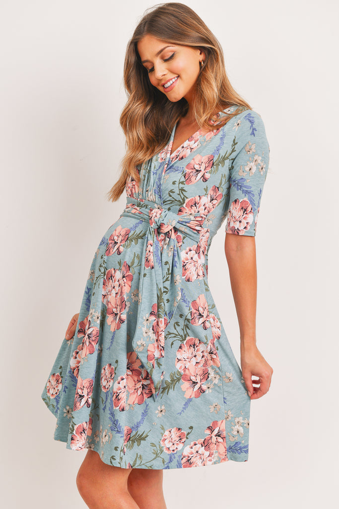 Sage Floral Waist Tie Wrap Maternity Nursing Dress